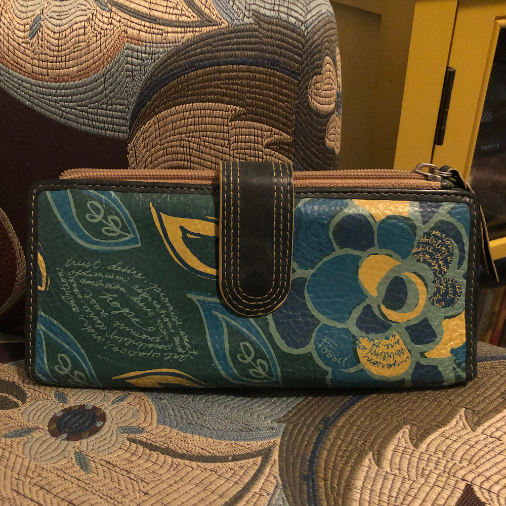 Leather Fossil Wallet - Blue green yellow flowers
